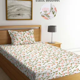 Aura Cream-Coloured & Green Floral 350 TC Single Bedsheet with 1 Pillow Covers-image-94