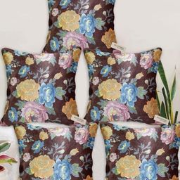 Blue Grass Maroon 5 Pieces Floral Printed Velvet Square Cushion Covers-image-89