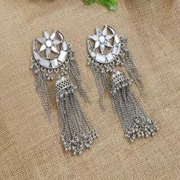 ZURIKRISHA Silver-Plated Ghungroo Dome Shaped Mirror Tasselled Jhumkas-10