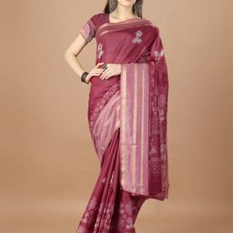 HERE&NOW Ajrak Block Printed Pure Cotton Saree with Zari Border-image-46