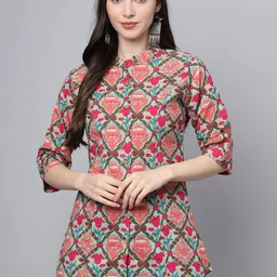BAESD Floral Print Mandarin Collar Roll-Up Sleeves Ethnic Cotton Top-image-78