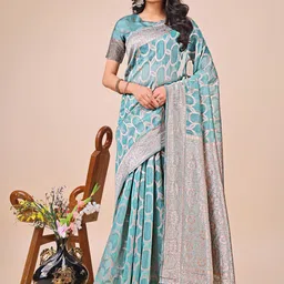 DIVASTRI Women Floral Zari Linen Blend Saree-picture-13