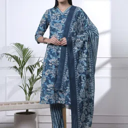 Yufta Women Floral Print Sequinned Pure Cotton Kurta with Trousers & With Dupatta-image-73