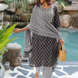 KALINI Floral Printed Round Neck Pure Cotton Straight Kurta With Trousers & Dupatta-27
