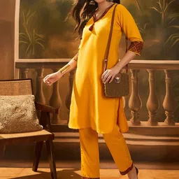 Sangria Self Designed V-Neck Kurta & Trousers Set image 4