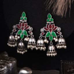Sangria Green Silver Plated Oxidised Artificial Stones Studded And Beaded Classic Jhumkas-2