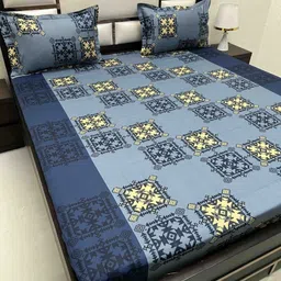 Pure Decor Blue & Yellow Geometric 350 TC Queen Bedsheet with 2 Pillow Covers-image-67