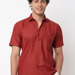 MARK & ALBERT Slim Fit Vertical Stripes Wrinkle Free Cotton Linen Causal Shirt-image-57