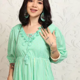 Vishudh Floral Tie-Up Neck Puff Sleeve Fit & Flare Dress-image-75