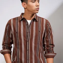 HIGHLANDER Men Spread Collar Vertical Striped Casual Shirt-image-34