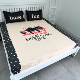 ohello Cream-Coloured & Grey Typography 260 TC King Bedsheet with 2 Pillow Covers-image-85