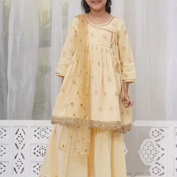 Little Bansi Girls Ethnic Motifs Printed Angrakha Sequinned Pure Cotton Kurta with Sharara & With Dupatta-picture-13