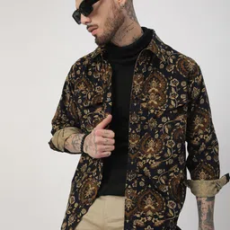 VASTRADO Ethnic Motifs Printed Double Pocket Corduroy Classic Slim Fit Cotton Shirt-image-36