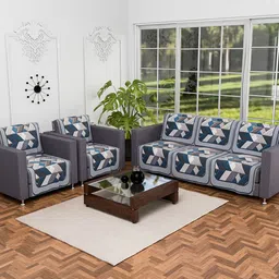 Kuber Industries Grey & Blue 10 Pieces Printed Anti-Skid Velvet 5 Seater Sofa Cover-91