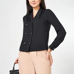 Annabelle by Pantaloons Women Mandarin Collar Shirt Style Top-image-45