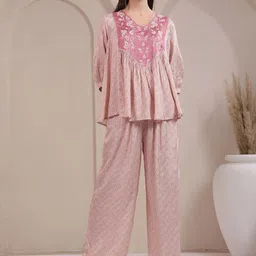 Nyaro Women Blush Pink Floral Embroidered & Printed Top With Palazzo Co-ord Set-picture-19