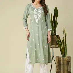 Colors of Earth Women Floral Embroidered Regular Thread Work Kurta with Trousers-image-86