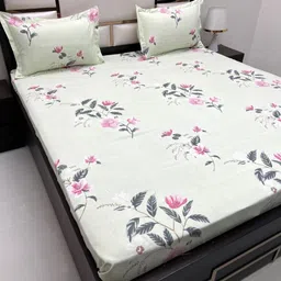 Pure Decor Green & Pink Floral Queen Bedsheet with 2 Pillow Covers-picture-13