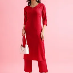 DIVASTRI Striped Notch Neck Jacquard Straight Kurta With Trousers-image-93