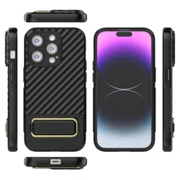 QRIOH Solid iPhone 14 Pro Back Case with Gold Metal Kickstand-image-6