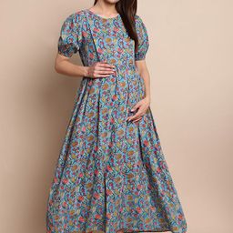 Secret Wish Women Floral Printed Puff Sleeve Maternity Fit & Flare Midi Dress-picture-38