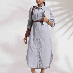 trueBrowns Women Grey Stripe Cotton Shirt Dress-image-62