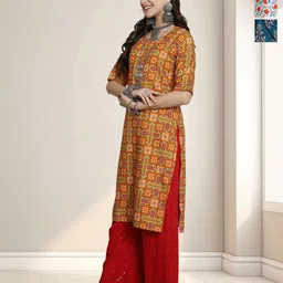 HERE&NOW Selection Of 3 Ethnic Motifs Printed Round Neck Straight Kurtas-image-98