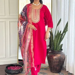 Lilots Women Ethnic Motifs Embroidered Chanderi Silk Kurta with Trousers & With Dupatta-image-43