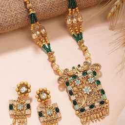 KARATCART Gold-Plated Menakari Rani Haar Necklace Set With Green Beads For Women-53
