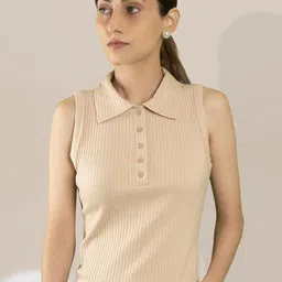 Chemistry Ribbed Shirt Collar Fitted Top-picture-17