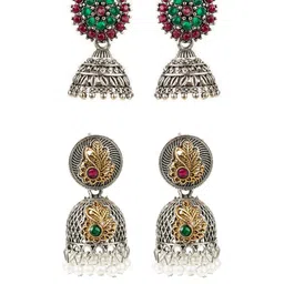 Sangria Silver-Toned Silver Artificial Stones Geometric Jhumkas-picture-26