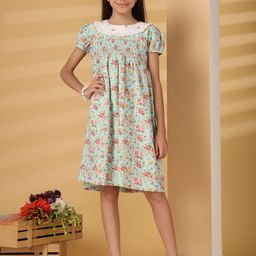 Sangria Girls Floral Print Smocking Puff Sleeve A-Line Dress-picture-18