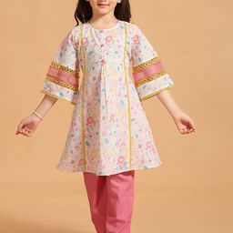 MASTARANG Girls Floral Printed Regular Pure Cotton Kurti with Palazzos-61