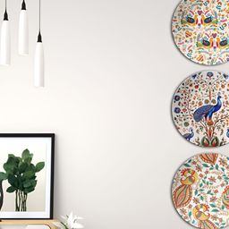 THE QUIRKY HOME 3-Pc Beige & Yellow Japanese Koi in Motion Printed Ceramic Wall Plates-3