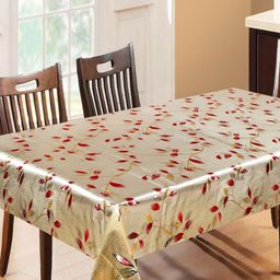 Dakshya Industries Beige & Red Floral Waterproof Plastic 6-Seater Table Cover-5
