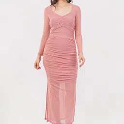 Deshi Girl Women Solid Ruched Net Bodycon Maxi Dress-picture-18