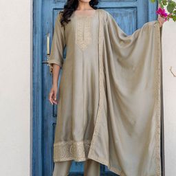 SANISA Women Woven Design Embroidered Kurta with Trousers & Dupatta-image-94