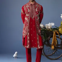 KALPRAAG Men Floral Embroidered Regular Sequinned Kurta with Trousers & With Dupatta-image-49