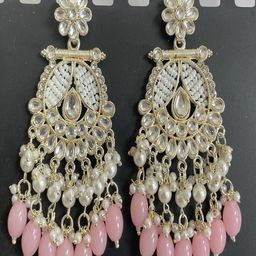 TESSARA Gold Plated Artificial Stones Studded & Beaded Floral Drop Earrings-image-97