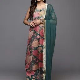 KSUT Floral Printed V-Neck Zari Work Screen Technique Kurta With Trousers & Dupatta-image-32