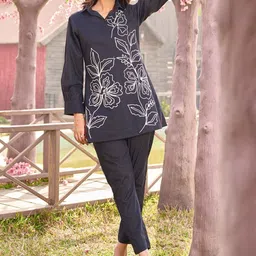 AUTUMN LANE Women Embroidery Pure Cotton Shirt Collar Neck Shirt With Trousers Co-Ords-picture-3