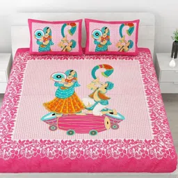 Aura Pink Floral 144 TC Queen Bedsheet with 2 Pillow Covers-image-66