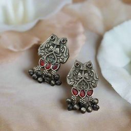 Sangria German Silver Plated Stones Studded Contemporary Owl Shaped Oxidised Drop Earrings-52