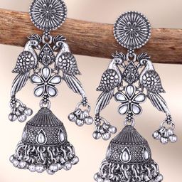 MEENAZ Silver-Plated Oxidised Artificial Stone Studded Dome Shaped Jhumkas-0