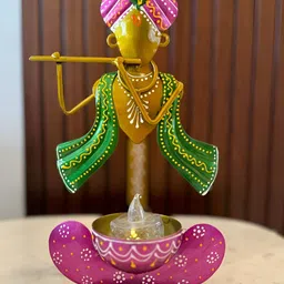 Aura Yellow & Pink Printed Iron Kanha Playing Flute Tealight Candle Holder-22