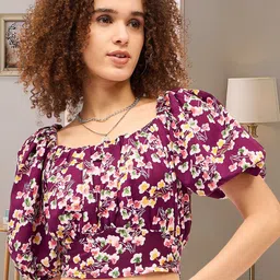 DressBerry Floral Print Puff Sleeve Cotton Crop Top-image-7