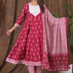 PARTHVI Floral Printed Mirror Work Anarkali Kurta with Trousers & Dupatta-image-10
