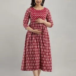 SHOOLIN Ethnic Motifs Print Maternity Empire Midi Dress-50