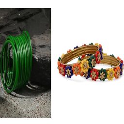 SOMIL Women Pack Of 2 Multi And Green Glass Ethnic Handcrafted Traditional Bangle-image-77