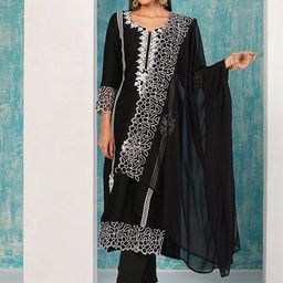 GoSriKi Women Floral Embroidered Regular Thread Work Kurta with Trousers & With Dupatta-picture-13